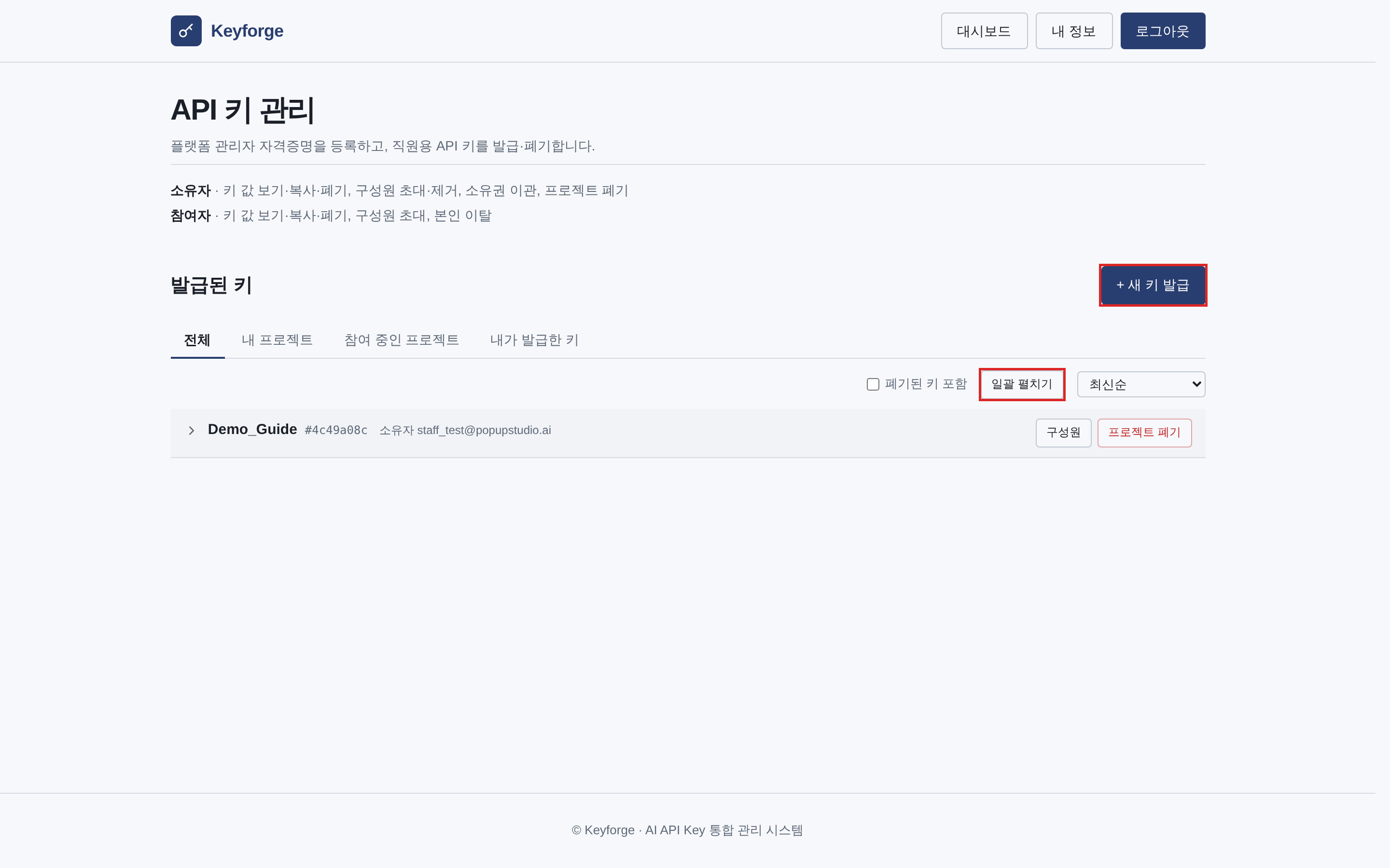 대시보드: 오른쪽 위 '+새 키 발급' 버튼